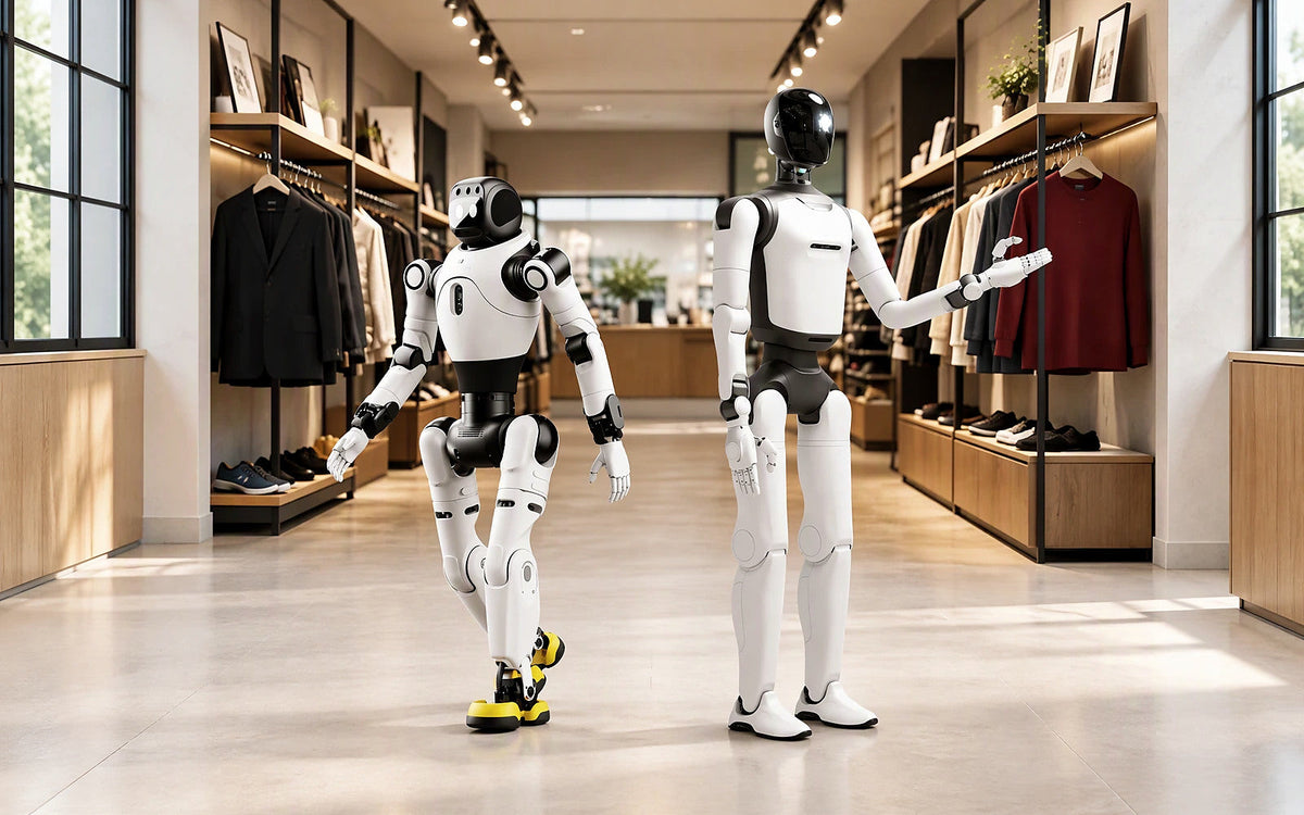Concept illustration of two humanoid robots in a retail setting, used to introduce robot-assisted visitor interaction.