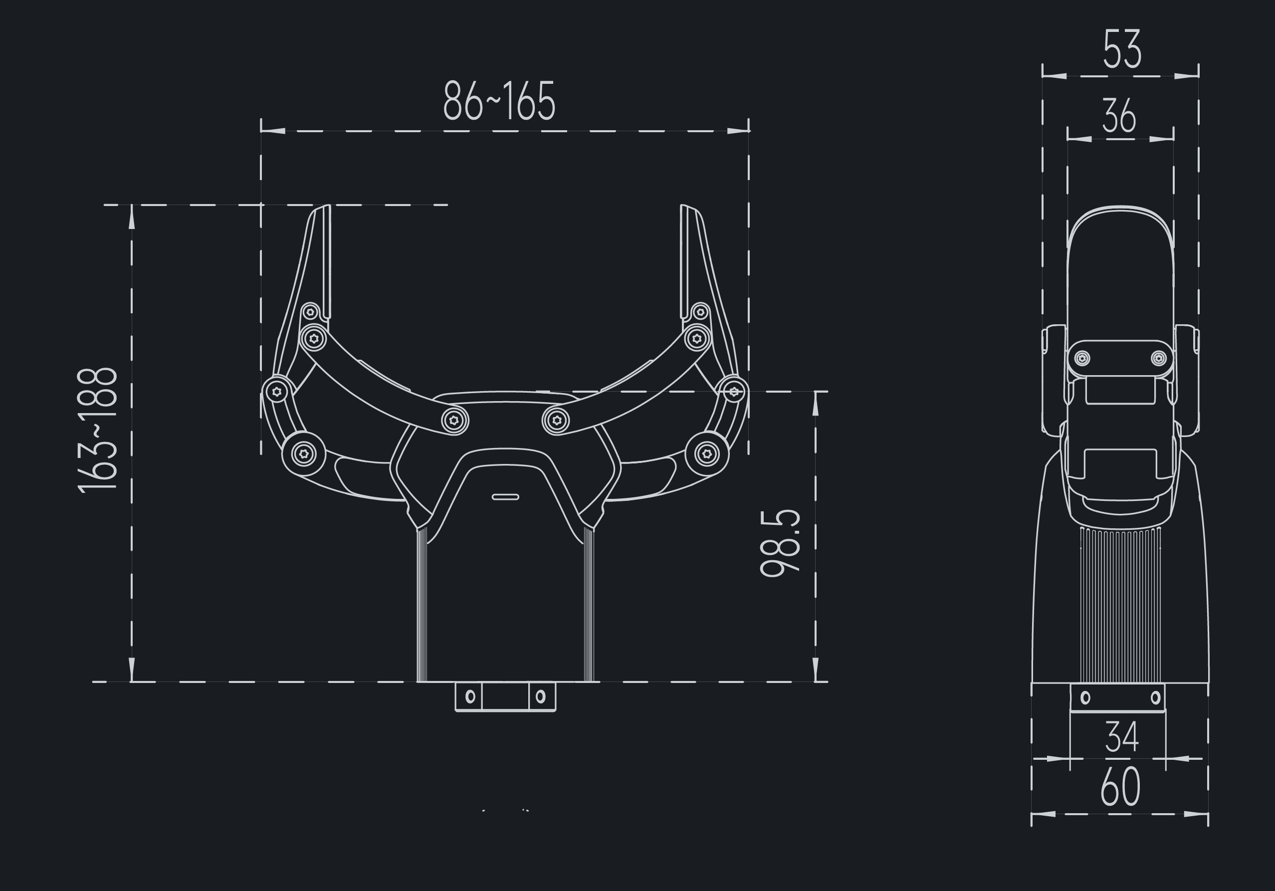 Original OmniPicker 3 dimension drawing: front width 86–165, height 163–188, base height 98.5; side dimensions 53, 36, 34 and 60