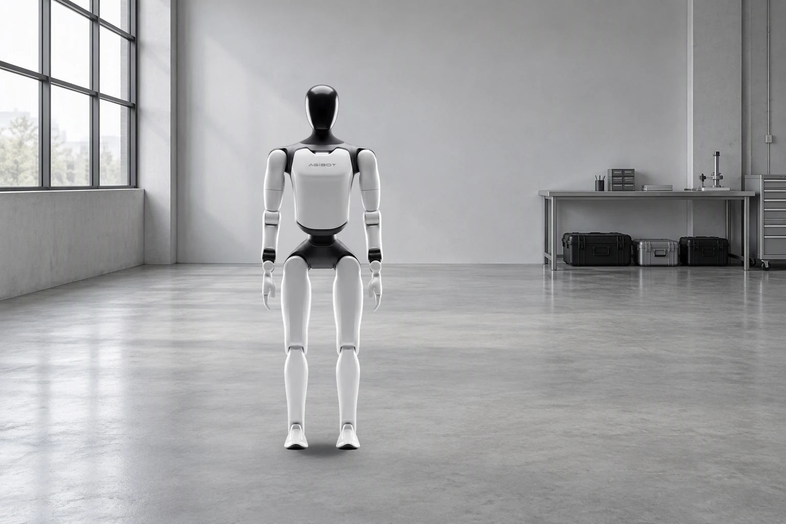 A3 original robot composited in a clean research studio