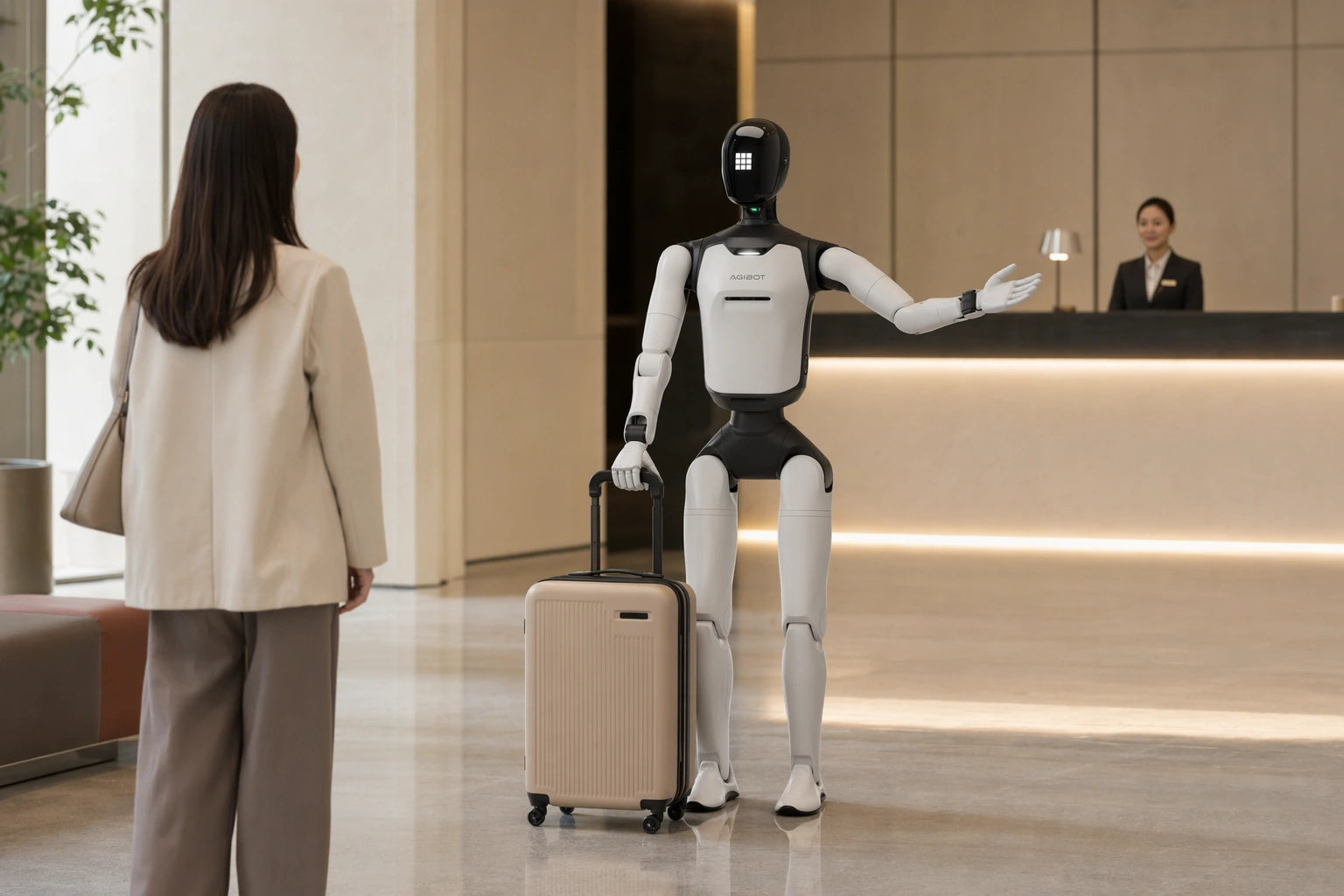 Complete official hotel reception scene with A3 Ultra and luggage