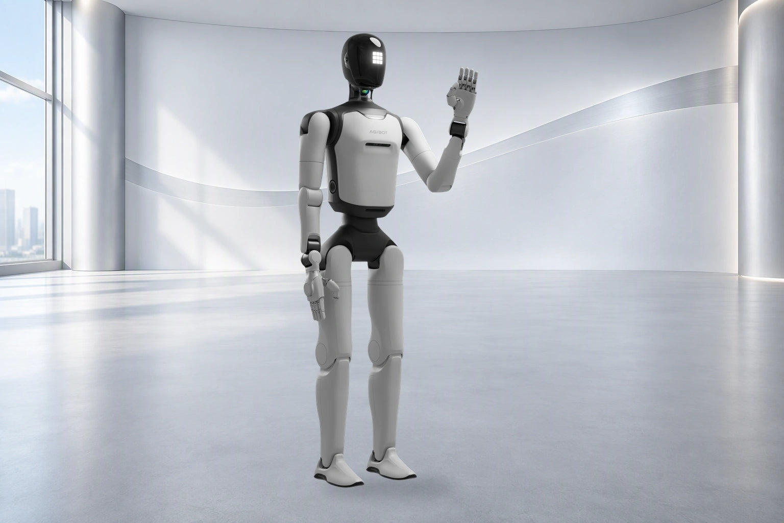 Full original A3 Ultra greeting pose on a newly generated silver-white studio background