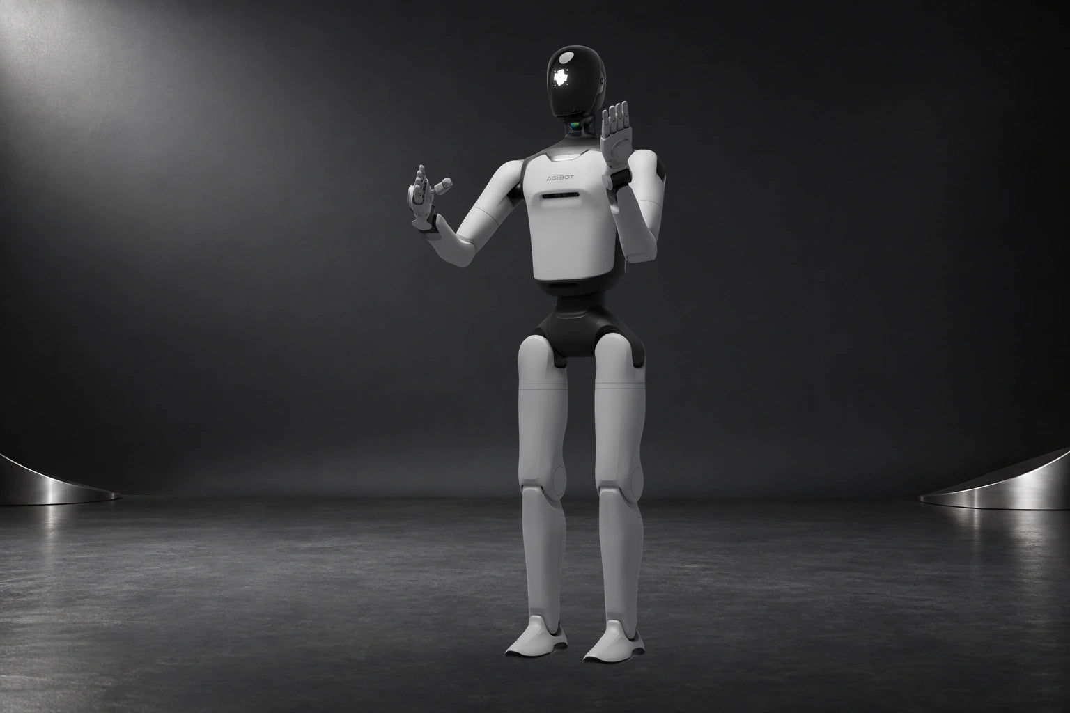 Original A3 Ultra safety pose with both hands visible on a newly generated graphite studio background