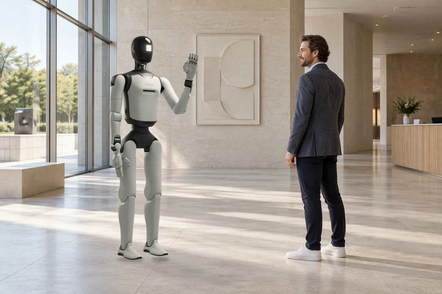 Original A3 Ultra greeting and facing a visitor in a guided-tour reception concept