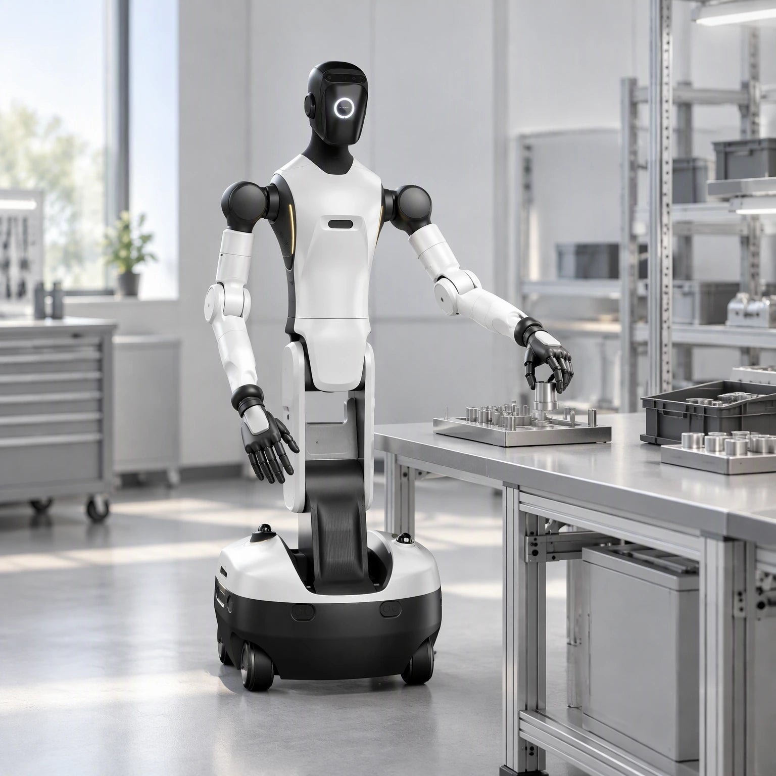 Reference-based visualization of the wheeled AGIBOT G2 positioning a component at a workbench