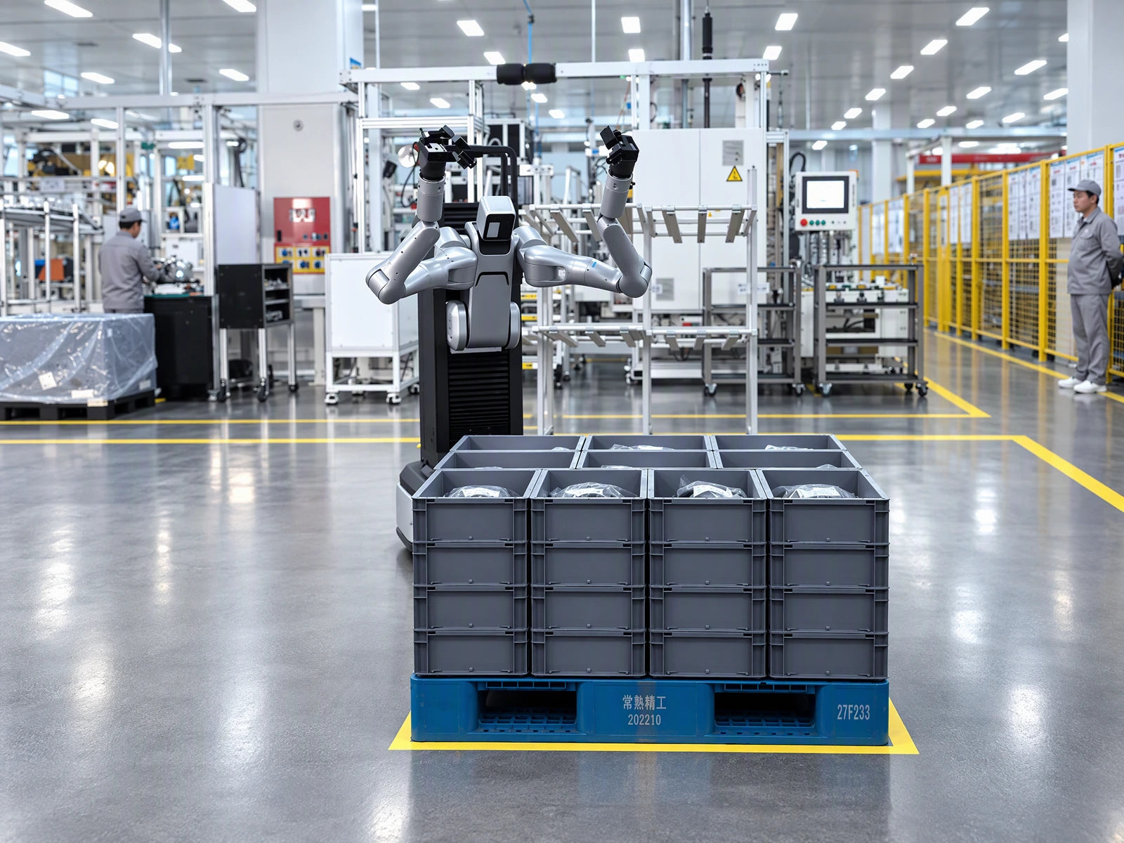 Reference-based visualization: AGIBOT robot handling stacked totes at an industrial site