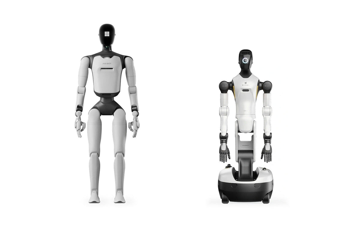 AGIBOT A3 Ultra with a bipedal body and G2 with a wheeled base; product images are not to scale.