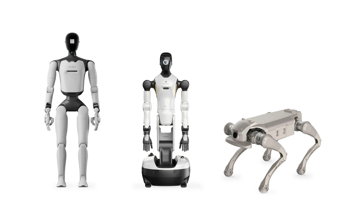 AGIBOT A3 Ultra, G2 and D1 Ultra product images, representing bipedal, wheeled and quadruped robot designs; not to scale.