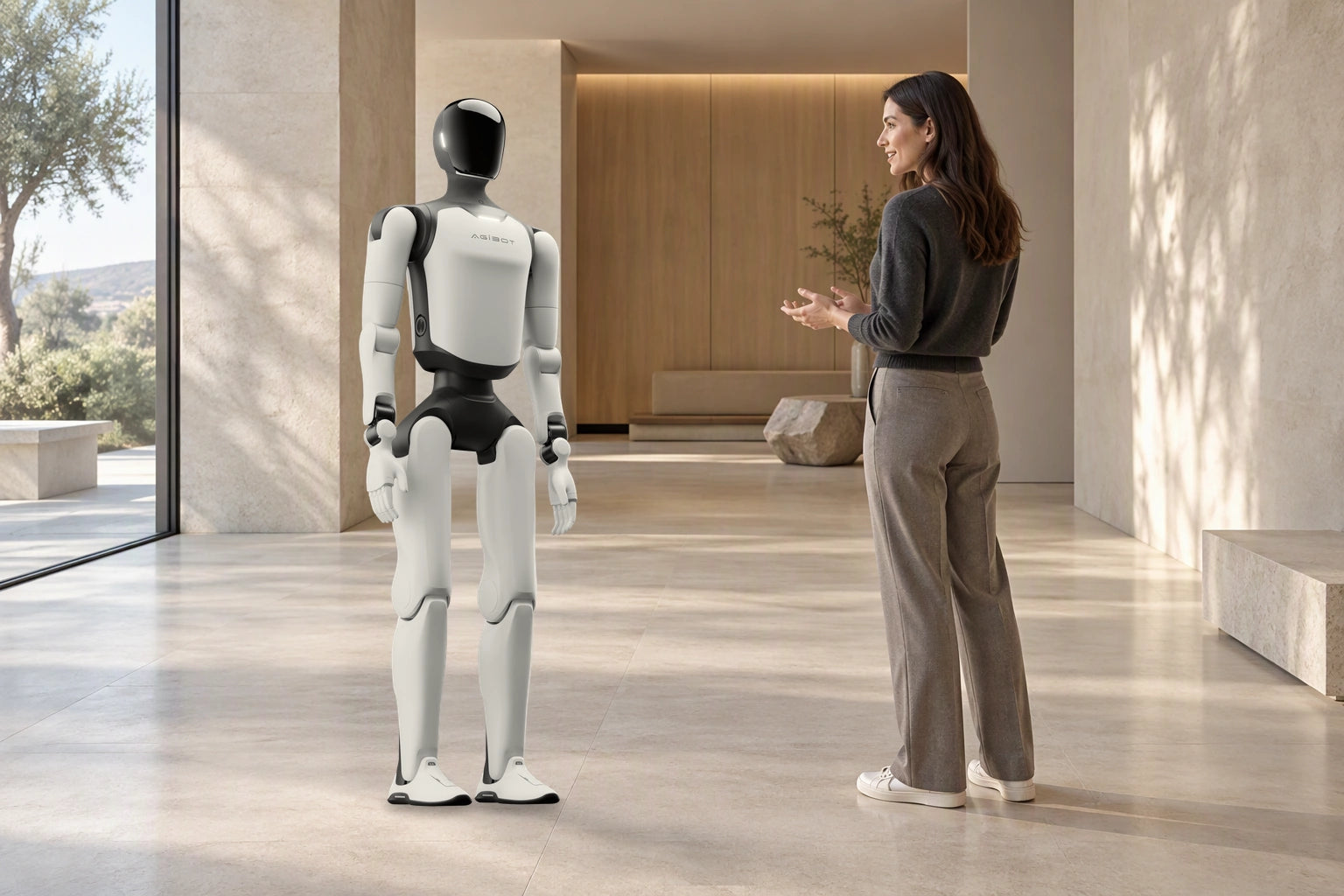 Original A3 facing a visitor during a voice-interaction concept in a gallery