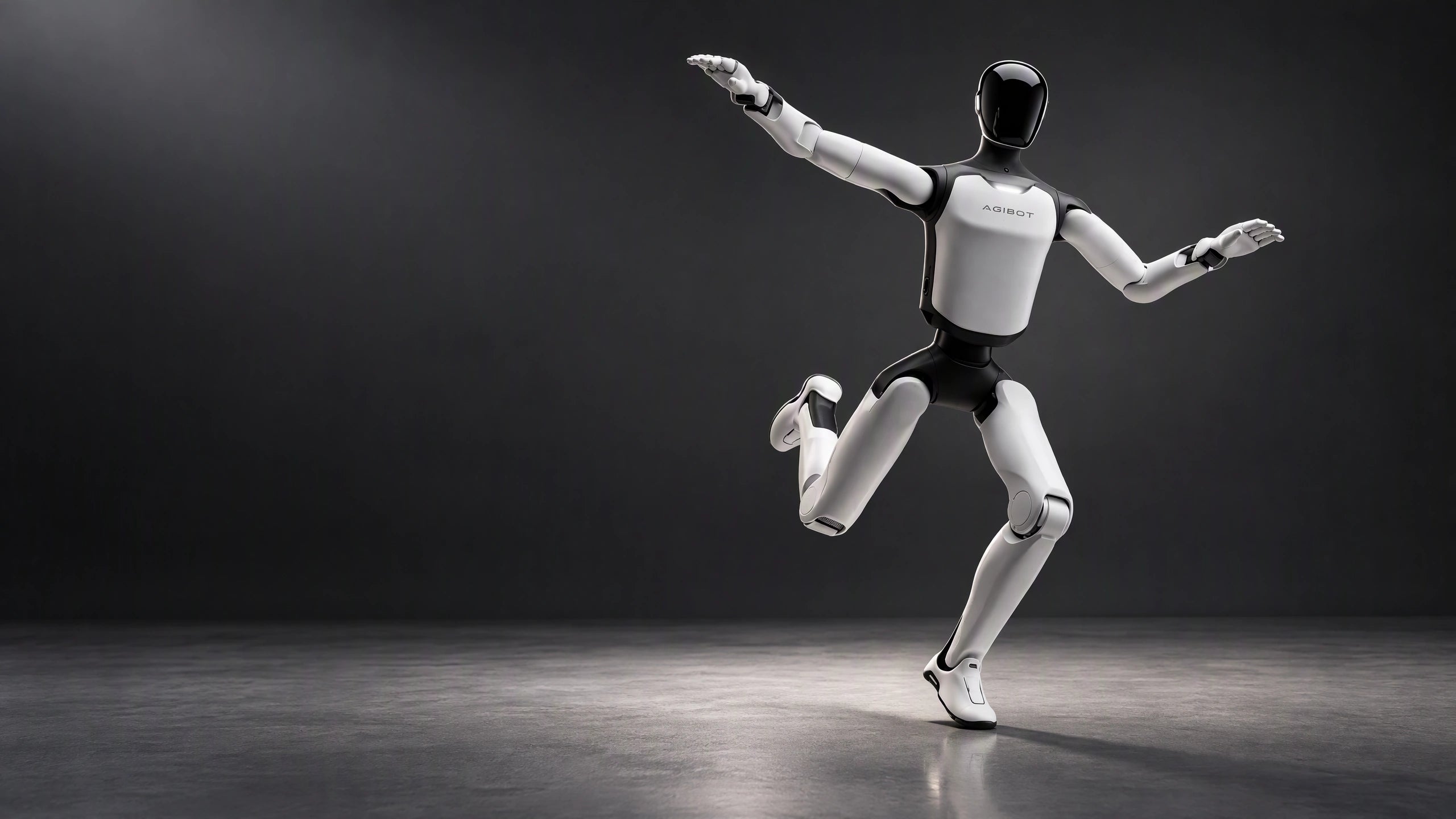 Reference-generated AGIBOT A3 dance campaign with complete hands, feet and mechanical joints in a unified graphite studio