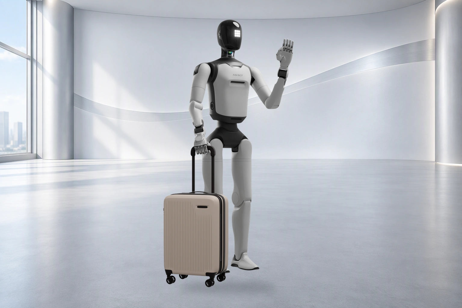 Original A3 Ultra and suitcase shown in full on a newly generated silver-white studio background