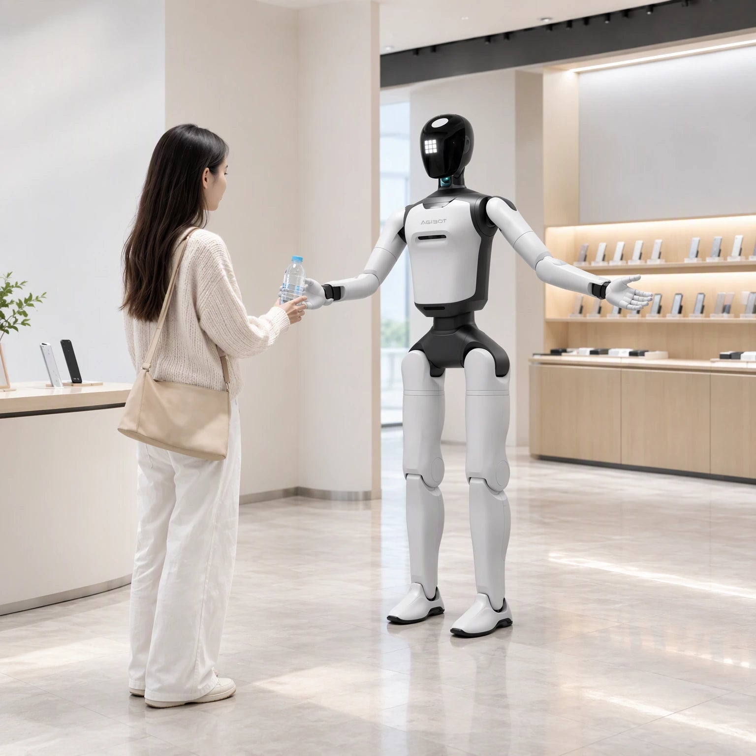 Reference-based visualization: A person interacting with an AGIBOT robot in a retail setting