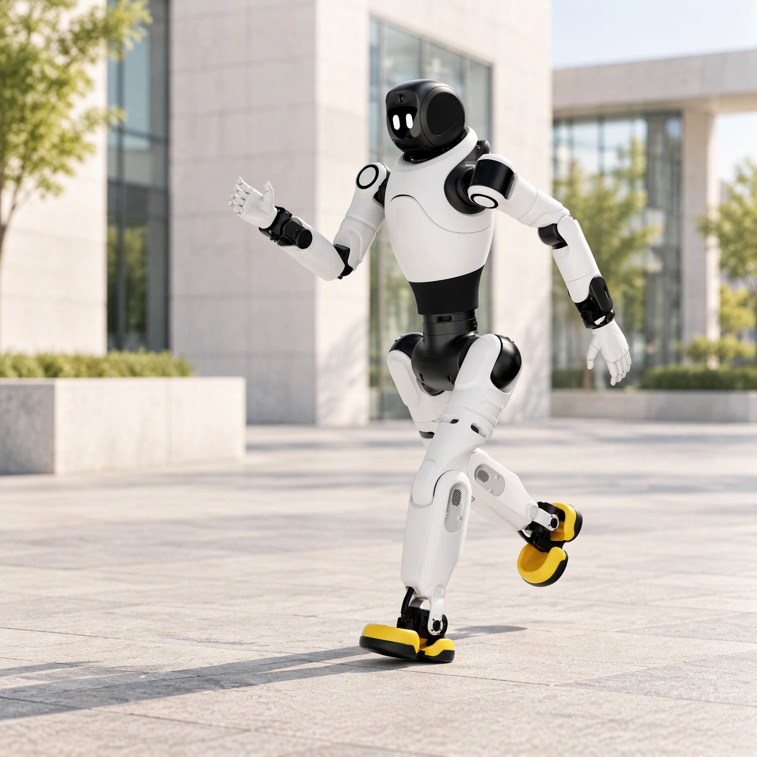 Reference-based visualization of AGIBOT X2 moving through an architectural courtyard