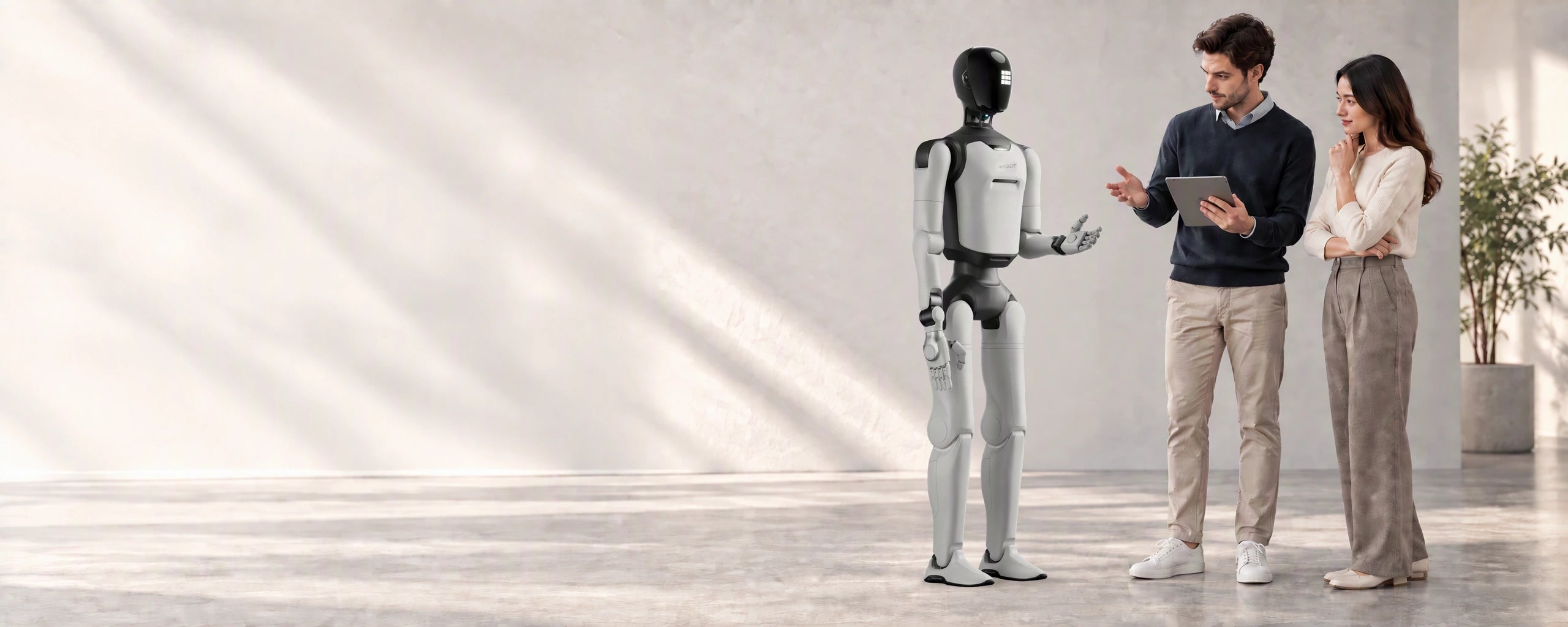 Illustrative consultation scene with an AGIBOT A3 Ultra robot, a consultant and a customer