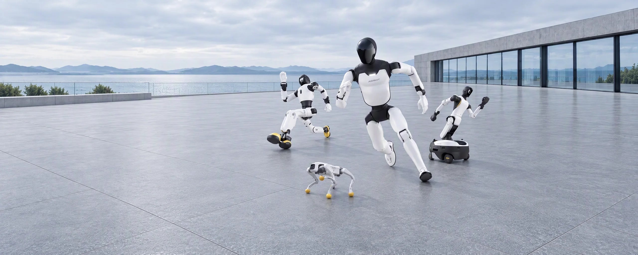 Four AGIBOT robots on a lakeside terrace