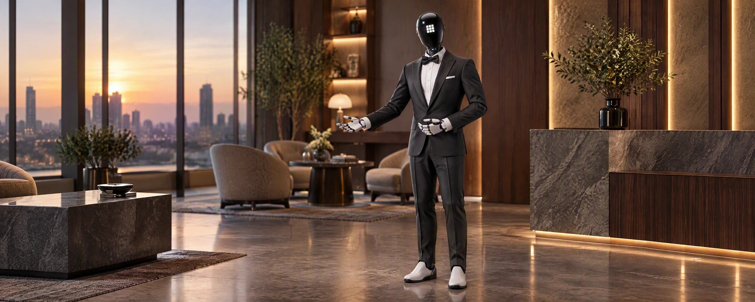 AGIBOT humanoid in a tailored evening suit welcoming visitors